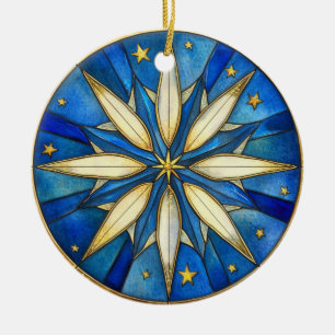 BRIGHT HOLIDAY BLUE AND GOLD STAR SHAPE CERAMIC TREE DECORATION