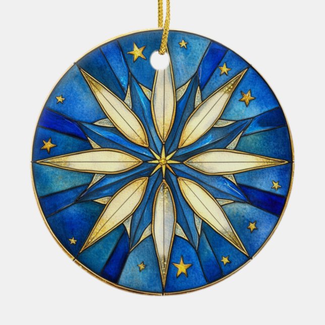 BRIGHT HOLIDAY BLUE AND GOLD STAR SHAPE CERAMIC TREE DECORATION (Front)