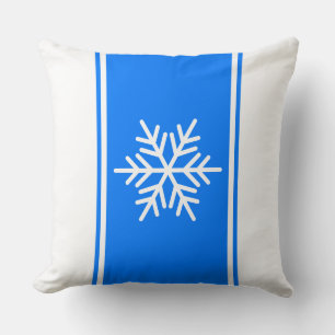 Bright Holiday Blue White Racing Stripes Snowflake Cushion