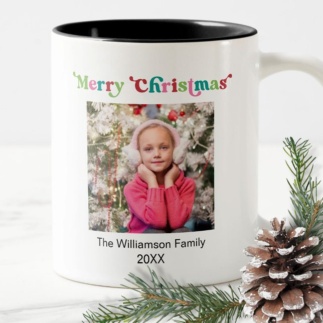 Bright Holiday Merry Christmas Stripes Photo Two-Tone Coffee Mug (Creator Uploaded)