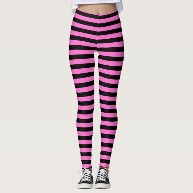 Bright Hot Pink and Black Striped  Leggings (Front)