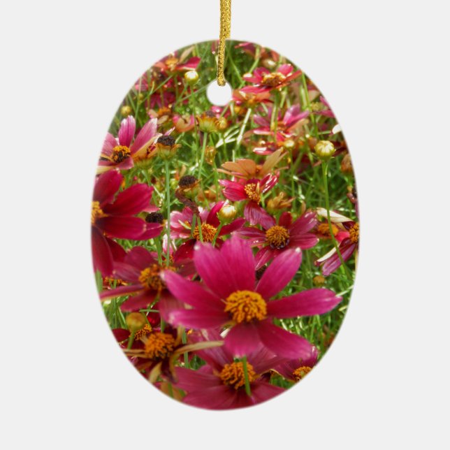 Bright Hot Pink and Yellow Daisy flowers Ceramic Tree Decoration (Front)