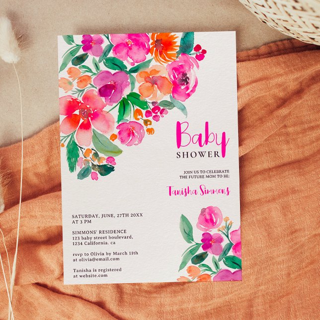 Bright hot pink fall floral script baby shower invitation (Bright hot pink fall floral script baby shower invitation)
