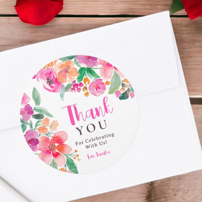 Bright hot pink fall floral thanks bridal shower classic round sticker (Bright hot pink fall floral thanks bridal shower classic round sticker)