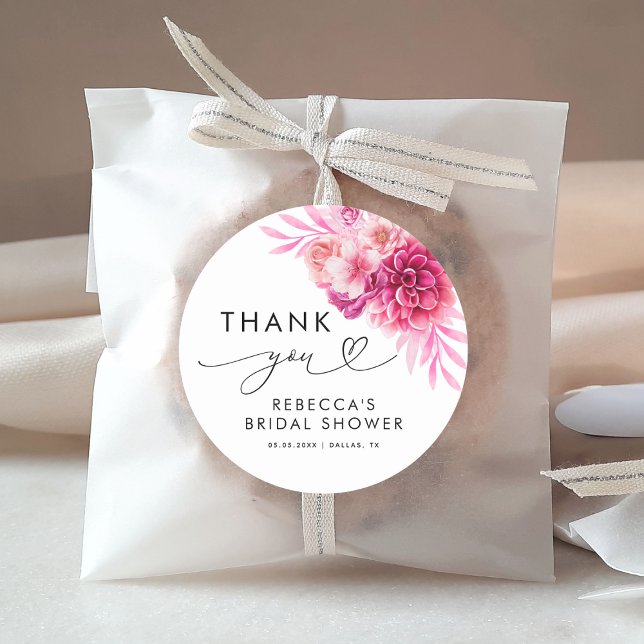 Bright Hot Pink Floral Bridal Shower Thank You  Classic Round Sticker (Creator Uploaded)