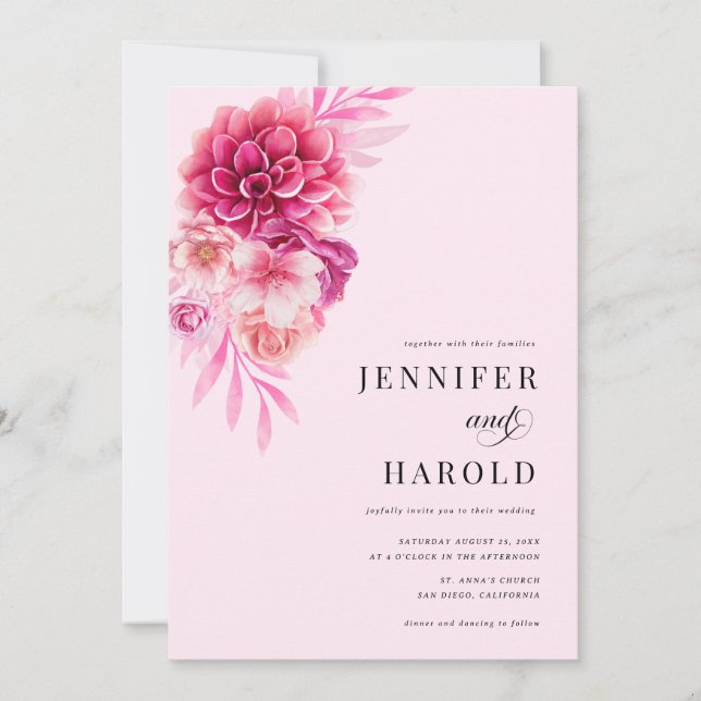 Bright Hot Pink Floral QR Code All in One Wedding Invitation (Front)