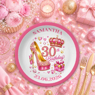Bright Hot Pink Glitter 30th Birthday Paper Plates