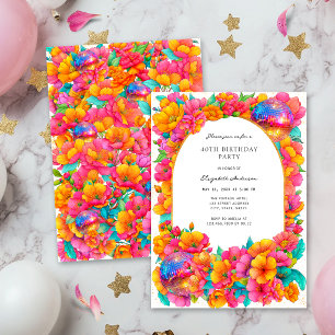 Bright Hot Pink Glitter Floral Disco Ball Birthday Invitation
