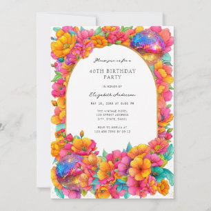 Bright Hot Pink Glitter Floral Disco Ball Birthday Invitation