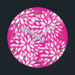 Bright Hot Pink Modern Floral Personalized Round Clock<br><div class="desc">Customize with any text.</div>