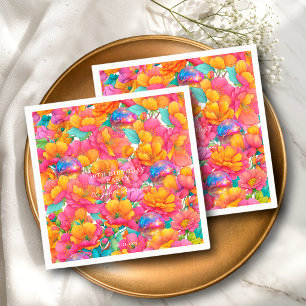 Bright Hot Pink Orange Floral Disco Ball Birthday Napkin