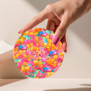 Bright Hot Pink Orange Floral Disco Ball Birthday Round Paper Coaster