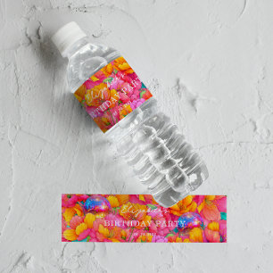 Bright Hot Pink Orange Floral Disco Ball Birthday Water Bottle Label