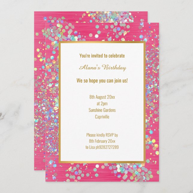 BRIGHT HOT PINK TEXTURED HOLOGRAPHIC SPOT INVITATION (Front/Back)