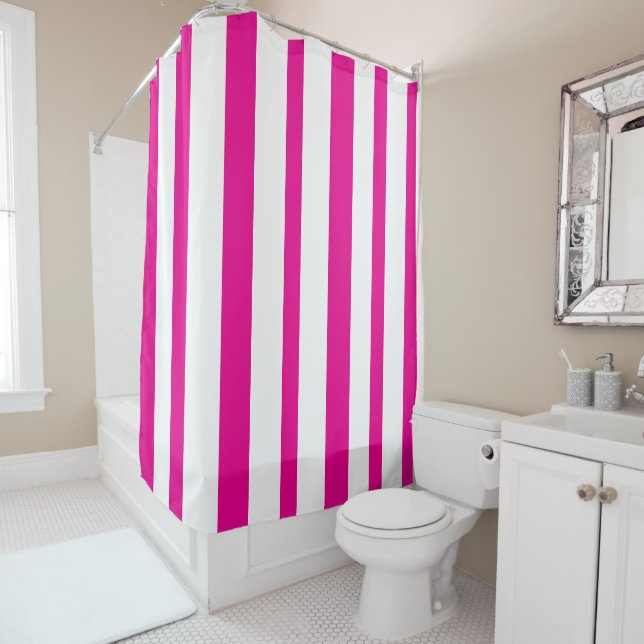 Bright Hot Pink White Summer Stripes Shower Curtain (In Situ)