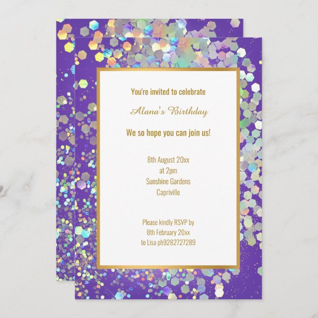 BRIGHT HOT PURPLE HOLOGRAPHIC SPOT  INVITATION (Front/Back)