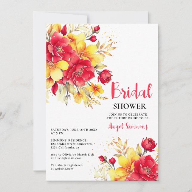 Bright hot red fall floral script bridal shower invitation (Front)