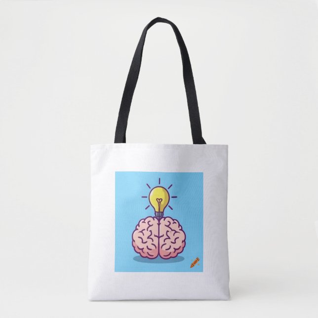 "Bright Ideas Tote Bag: Cartoon Brain and Lightbul Bag (Front)