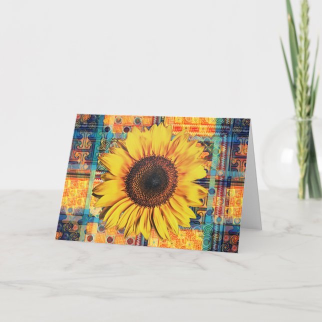 Bright Illustrated Sunflower on Funky Vintage Art Card (Front)