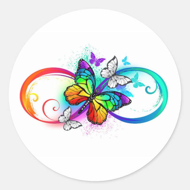 Bright infinity with rainbow butterfly classic round sticker (Front)