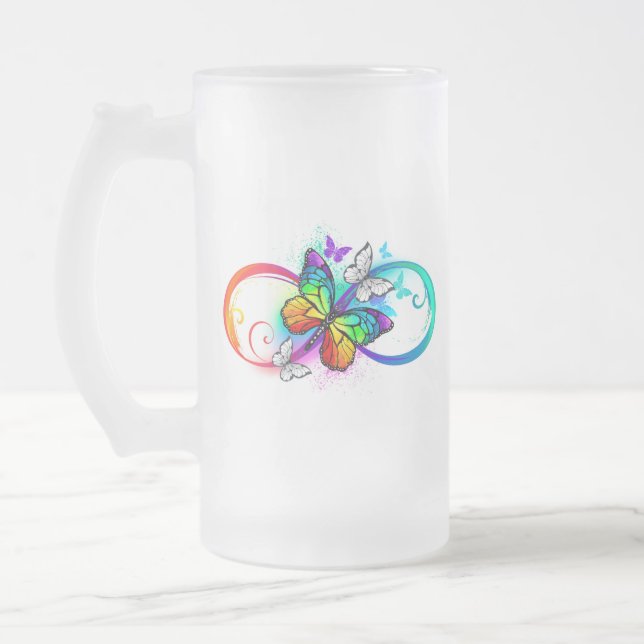 Bright infinity with rainbow butterfly frosted glass beer mug (Left)