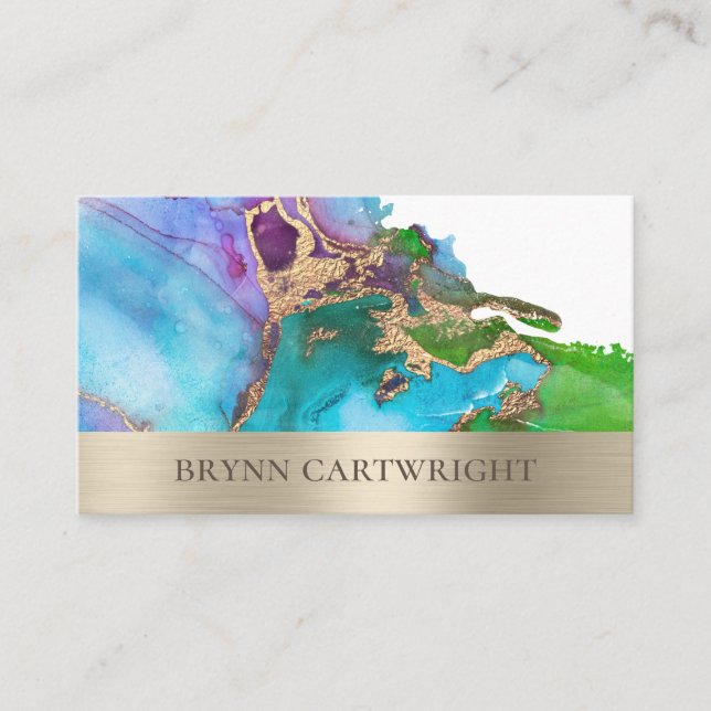 Bright Ink Swirls with Gold Leaf Modern Artistic Business Card (Front)