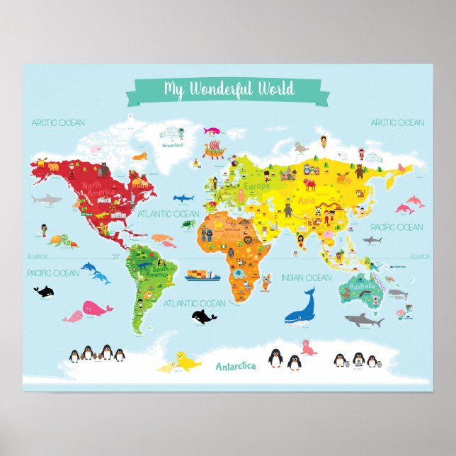 Bright Kids World Map with Illustrations Poster (Front)