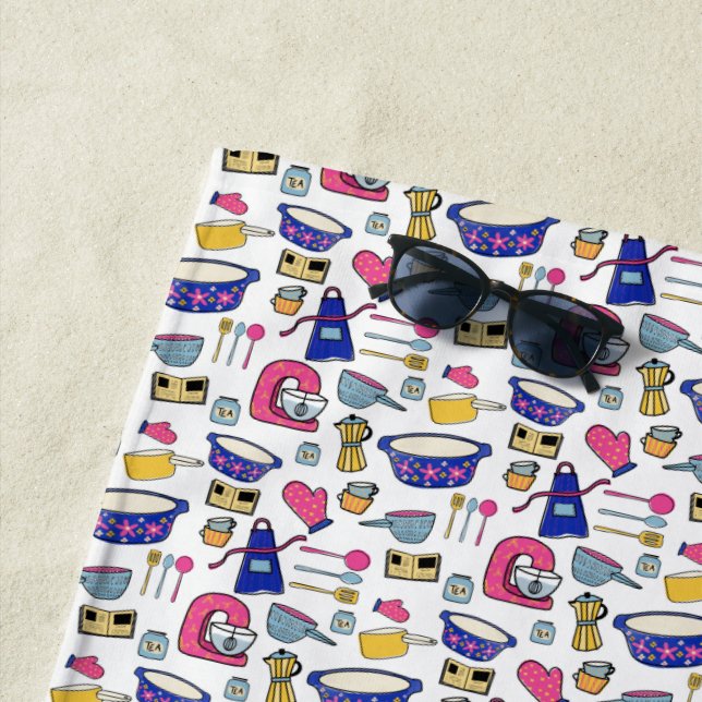 Bright Kitchen Utensils Cook Cake Maker Beach Towel (In Situ)