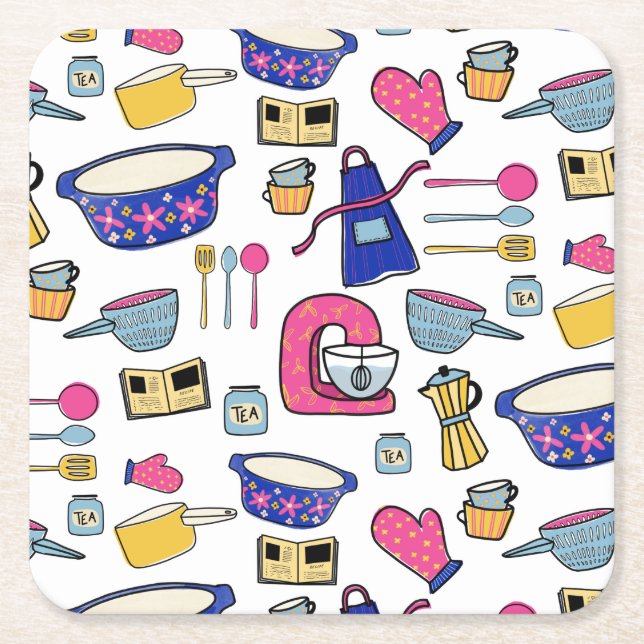 Bright Kitchen Utensils Cook Cake Maker Square Paper Coaster (Front)