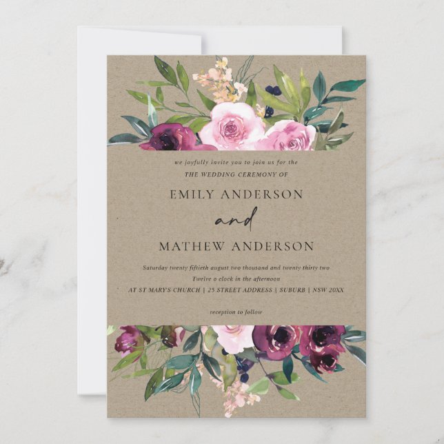 BRIGHT KRAFT BLUSH BURGUNDY FLORAL BUNCH WEDDING INVITATION (Front)