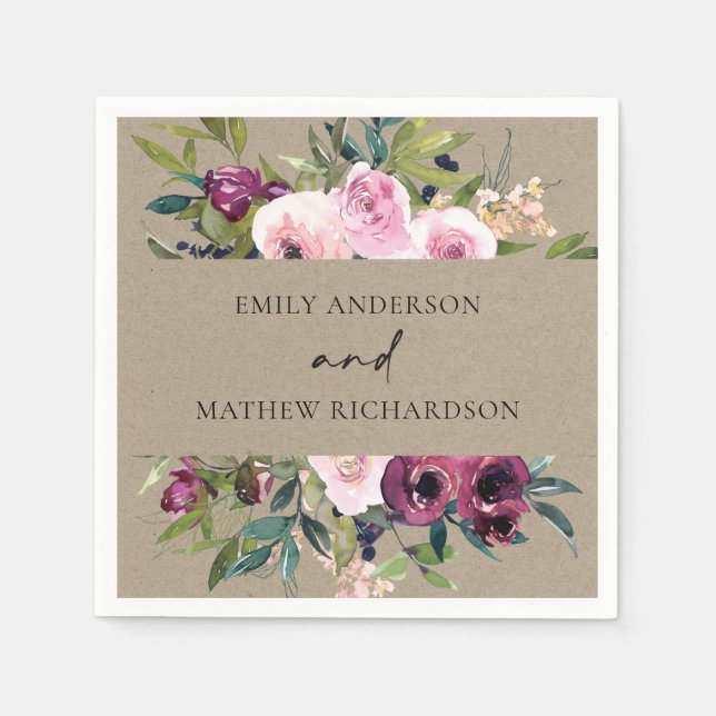 BRIGHT KRAFT BLUSH BURGUNDY FLORAL BUNCH WEDDING NAPKIN (Front)