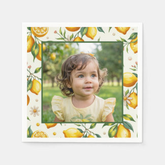 Bright Lemon Birthday Photo Yellow Citrus Party Napkin