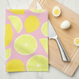 Bright Lemon Design on Soft Pink Background Tea Towel
