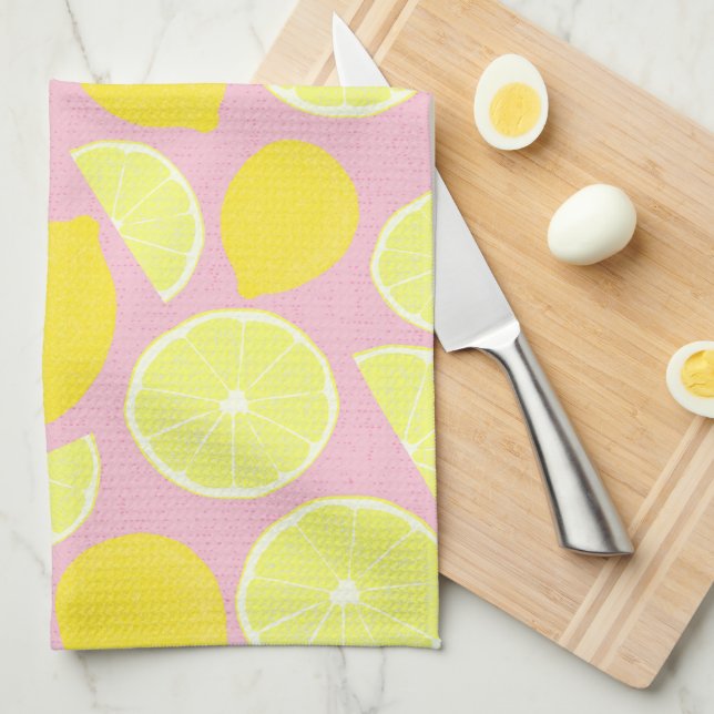 Bright Lemon Design on Soft Pink Background Tea Towel (Quarter Fold)