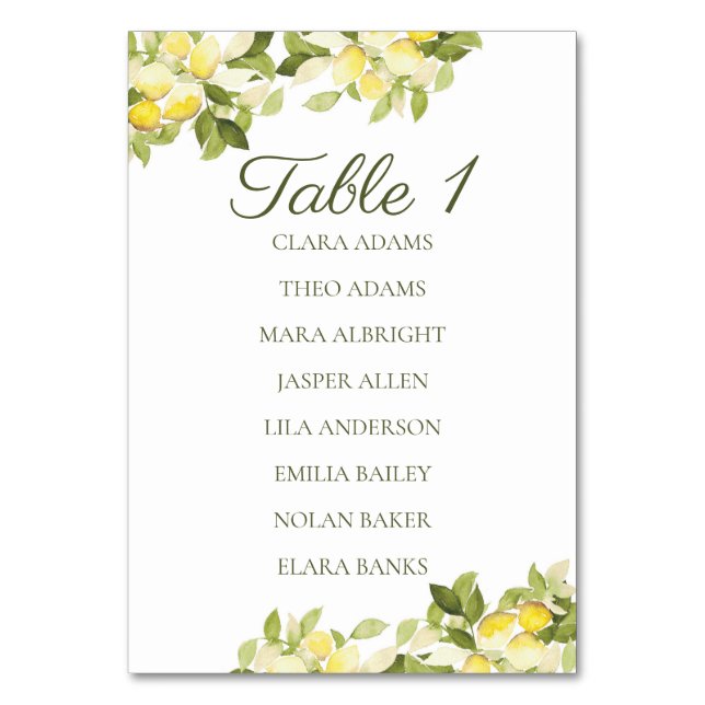 Bright Lemon Fresh Numeric Seating Chart Card (Front)