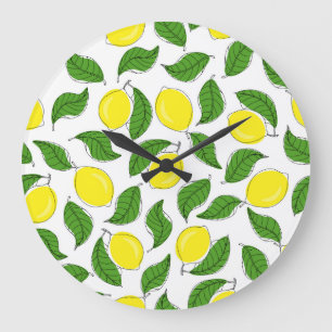 Bright Lemons Green Leaves Pattern Large Clock