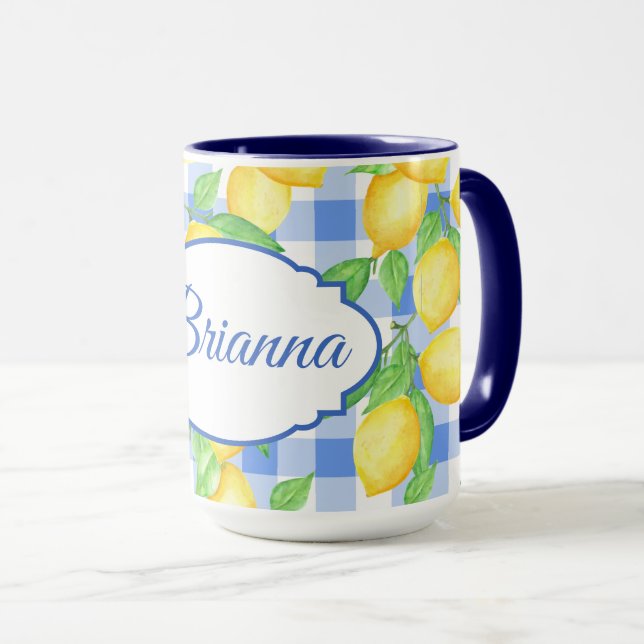 Bright Lemons on Blue and White Gingham Mug (Front Right)