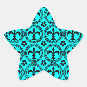 Bright Light Blue and Black Fleur De Lis Pattern Star Sticker