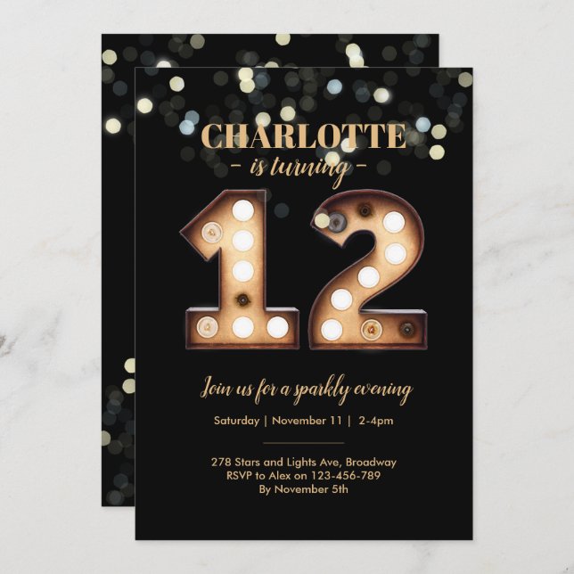 Bright Lights Sparkly 12th birthday invitation (Front/Back)