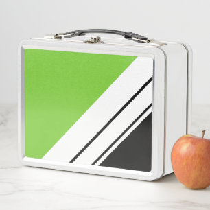 Bright Lime Black White Diagonal Racing Stripes Metal Lunch Box