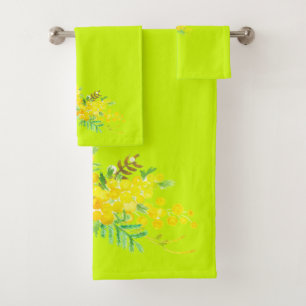 Bright Lime  Green and Yellow Flowers Bath Towel Set