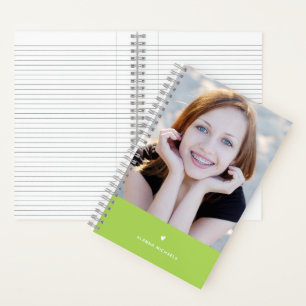 Bright Lime Green Heart and Photo with Name Notebook