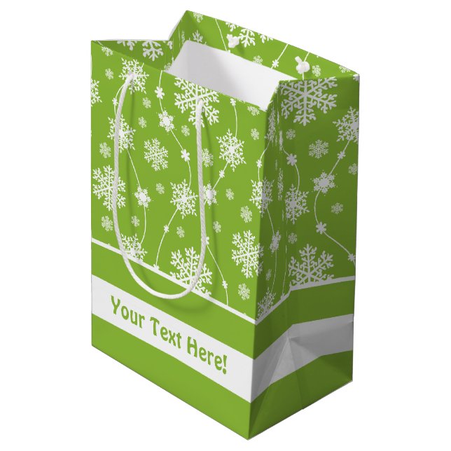 Bright Lime Green Winter White Snowflake Monogram Medium Gift Bag (Back Angled)