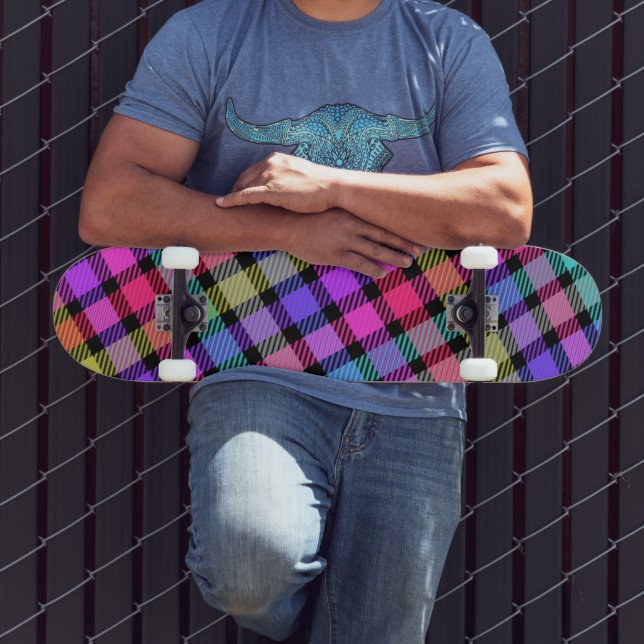Bright Madras Plaid Rainbow Check Skateboard (Outdoor 3)
