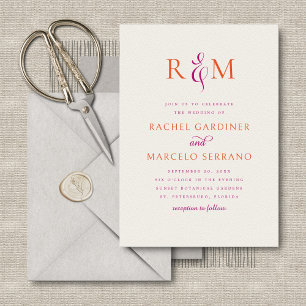 Bright Magenta Orange Simple Monogram Wedding Invitation