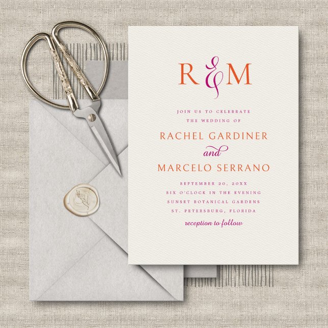 Bright Magenta Orange Simple Monogram Wedding Invitation (Creator Uploaded)