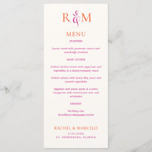 Bright Magenta Orange Simple Monogram Wedding Menu