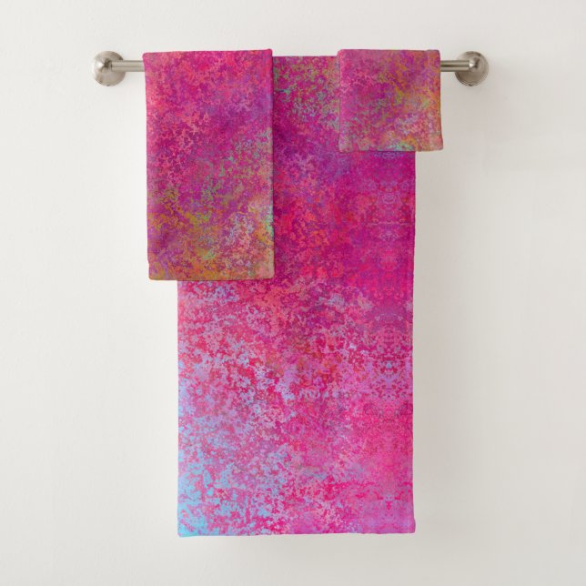 Bright Magenta Sunset Abstract Acrylic Pour Bath Towel Set (Insitu)