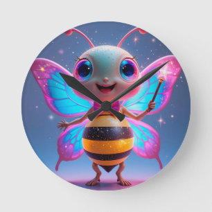 Bright Magical Bee Character With Sparkling Wings Round Clock