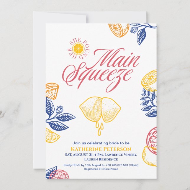 Bright Main Squeeze Citrus Bridal Shower Invitation (Front)